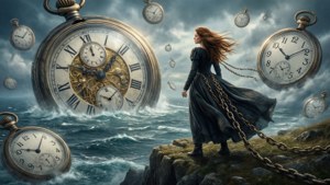 Alice Baskerville op een klif met zwevende zakhorloges in de lucht, episch landschap.