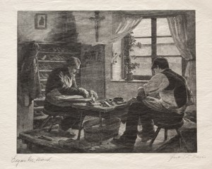 The Cobblers by John Parker Davis, created 1887, in wood engraving. Download this artwork as a high-resolution wallpaper for desktop, tablet, or mobile. — John Parker Davis Wallpaper