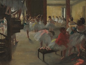 The Dance Class by Edgar Degas, created c. 1873, in oil on canvas. Download this artwork as a high-resolution wallpaper for desktop, tablet, or mobile.