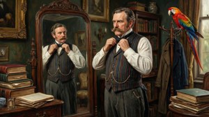 J. Lewis Marks ajustant son nœud papillon dans un salon victorien avec des livres de comptes et un perroquet