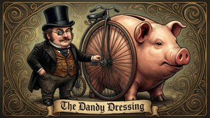 Caricature victorienne de J. Lewis Marks avec une tirelire géante penny-farthing de style art nouveau