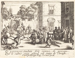 The Departure by Jacques Callot, created 1635, in etching on laid paper. Download this artwork as a high-resolution wallpaper for desktop, tablet, or mobile. — Jacques Callot Wallpaper