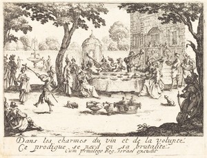 The Dissipation by Jacques Callot, created 1635, in etching on laid paper. Download this artwork as a high-resolution wallpaper for desktop, tablet, or mobile. — Jacques Callot Wallpaper