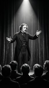 Oscar Wilde en el escenario spotlight gesto dramático blanco y negro