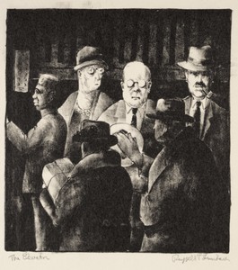 The Elevator by Russell T. Limbach, created c. 1928, in lithograph. Download this artwork as a high-resolution wallpaper for desktop, tablet, or mobile. — Art Wallpaper