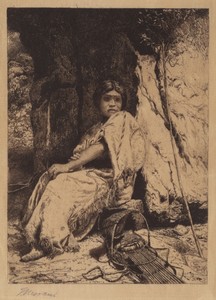 The Empty Cradle by Thomas Moran, created 1878, in etching in black on silk. Download this artwork as a high-resolution wallpaper for desktop, tablet, or mobile — Art Picture