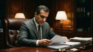 Ett filmiskt porträtt av Abdulfattah Jandali på hans kontor, som utstrålar fokus och auktoritet.