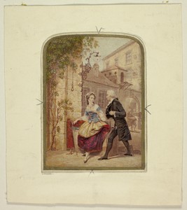 The First Impression by George Baxter, created 1850, in Steel etching and stipple printed in purple, with block printing in colors, on laid paper, laid down on 