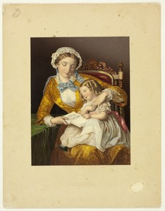 The First Lesson by George Baxter, created 1855, in Steel etching, aquatint, and stipple printed in black, with block printing in colors, on wove paper, laid do — Illustration Wallpaper