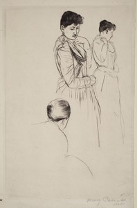 The Fitting by Mary Cassatt, created 1890-1891, in drypoint on laid paper. Download this artwork as a high-resolution wallpaper for desktop, tablet, or mobile. — Mary Cassatt Wallpaper