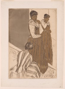 The Fitting by Mary Cassatt, created 1890–91, in Color aquatint and drypoint on off-white wove paper. Download this artwork as a high-resolution wallpaper for d — Illustration Wallpaper