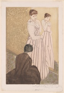 The Fitting by Mary Cassatt, created 1890–91, in Color aquatint and drypoint on ivory laid paper. Download this artwork as a high-resolution wallpaper for deskt — Illustration Wallpaper