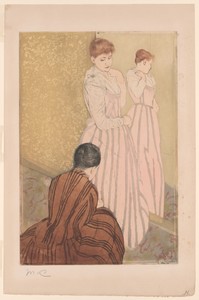 The Fitting by Mary Cassatt, created 1890–91, in Color aquatint and drypoint on buff laid paper. Download this artwork as a high-resolution wallpaper for deskto — Illustration Wallpaper