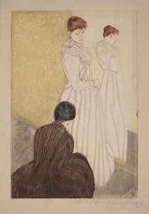 The Fitting by Mary Cassatt, created 1890-1891, in color drypoint, softground etching, and aquatint on laid paper. Download this artwork as a high-resolution wa — Mary Cassatt Wallpaper