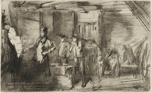 The Forge by James McNeill Whistler, created 1861, in Drypoint; ink on paper. Download this artwork as a high-resolution wallpaper for desktop, tablet, or mobil — James McNeill Whistler Wallpaper