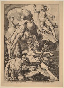 The Four Elements by Jacob Matham, created 1588, in engraving on laid paper. Download this artwork as a high-resolution wallpaper for desktop, tablet, or mobile — Hendrick Goltzius Wallpaper