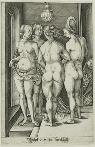 The Four Witches by the younger Israhel van Meckenem, created after 1497, in Engraving in black on ivory laid paper. Download this artwork as a high-resolution — The younger Israhel van Meckenem Wallpaper