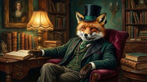 Un elegante personaje zorro antropomórfico basado en Pierre Henri Amand Lefort en un estudio victoriano.
