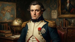 Porträt von Daniel Charles Marie Mordant in Uniform mit Karten und Globus