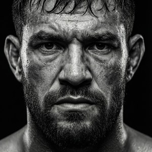 Intensivt svartvitt porträtt av Rickson Gracie med en vild blick.