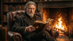 Padrone di casa in una biblioteca accogliente con un antico libro luminoso