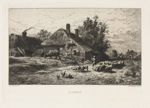 The Hamlet by Charles Emile Jacque, created 1867, in etching. Download this artwork as a high-resolution wallpaper for desktop, tablet, or mobile. — Charles Emile Jacque Wallpaper