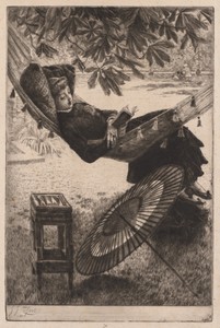 The Hammock by James Tissot, created 1880, in etching and drypoint on antique laid paper. Download this artwork as a high-resolution wallpaper for desktop, tabl — Vintage Background