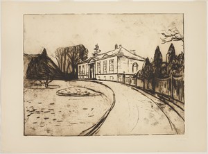 The House by Edvard Munch, created 1902, in Etching on paper. Download this artwork as a high-resolution wallpaper for desktop, tablet, or mobile. — Edvard Munch Wallpaper