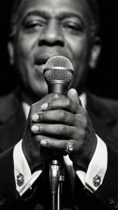 Nærbilde av Billy Eckstines hender som holder en mikrofon, svart-hvitt