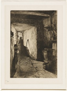 The Kitchen by James McNeill Whistler, created 1858, in Etching with foul biting in black ink on off-white China paper laid down on off-white wove paper (chine — Illustration Background