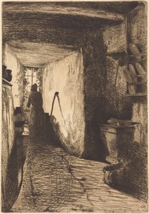 The Kitchen by James McNeill Whistler, created 1858, in etching on chine collé. Download this artwork as a high-resolution wallpaper for desktop, tablet, or mob — Art Picture