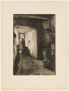The Kitchen by James McNeill Whistler, created 1858, in Etching in black ink with foul biting on off-white China paper laid down on ivory wove paper (chine coll — Illustration Wallpaper