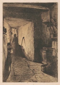 The Kitchen by James McNeill Whistler, created 1858, in etching in black on wove paper. Download this artwork as a high-resolution wallpaper for desktop, tablet — Art Wallpaper