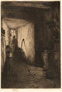 The Kitchen by James McNeill Whistler, created 1858, in Etching in black on cream laid paper. Download this artwork as a high-resolution wallpaper for desktop, — Illustration Background