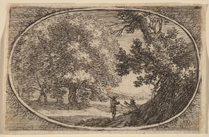 The Large Tree by Herman van Swanevelt, in etching. Download this artwork as a high-resolution wallpaper for desktop, tablet, or mobile. — Herman van Swanevelt Wallpaper