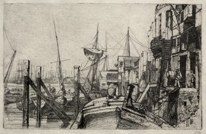 The Limehouse by James McNeill Whistler, created 1871, in etching. Download this artwork as a high-resolution wallpaper for desktop, tablet, or mobile. — Art Picture