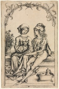 The Lovers by Master of the House-Book, created c. 1490, in engraving. Download this artwork as a high-resolution wallpaper for desktop, tablet, or mobile. — Master of the House-Book Wallpaper