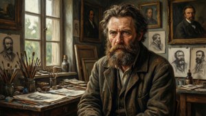 Adolph von Menzel dybt fokuseret i sit atelier med skitser og malerier omkring sig.