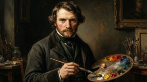 Henry Meyer geportretteerd in zijn atelier met dramatische clair-obscur verlichting