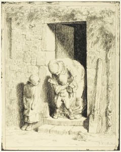 The Maternal Precaution by Jean François Millet, created 1860, published 1921, in Cliché-verre on cream wove photo-sensitized paper. Download this artwork as a — Jean François Millet Wallpaper