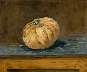 The Melon by Edouard Manet, created c. 1880, in oil on canvas. Download this artwork as a high-resolution wallpaper for desktop, tablet, or mobile. — Edouard Manet Wallpaper