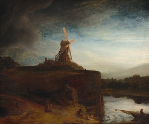 The Mill by Rembrandt van Rijn, created 1645/1648, in oil on canvas. Download this artwork as a high-resolution wallpaper for desktop, tablet, or mobile. — Rembrandt van Rijn Wallpaper