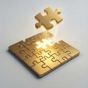 Un pezzo di puzzle luminoso sopra un puzzle quasi completo, che simboleggia la soluzione finale.