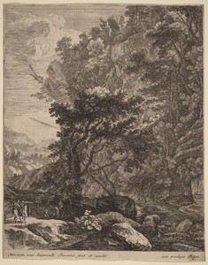 The Mountain by Herman van Swanevelt, in etching. Download this artwork as a high-resolution wallpaper for desktop, tablet, or mobile. — Herman van Swanevelt Wallpaper