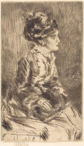 The Muff by James McNeill Whistler, created c. 1873, in etching and drypoint on wove paper. Download this artwork as a high-resolution wallpaper for desktop, ta