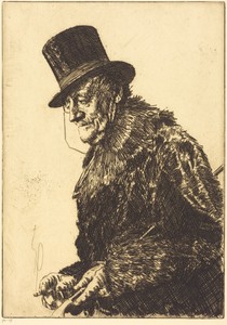 The Mummer by Joseph Simpson, in etching. Download this artwork as a high-resolution wallpaper for desktop, tablet, or mobile. — Art Picture