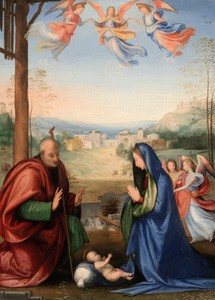 The Nativity by Fra Bartolommeo, created 1504–7, in Oil on panel. Download this artwork as a high-resolution wallpaper for desktop, tablet, or mobile. — Fra Bartolommeo Wallpaper