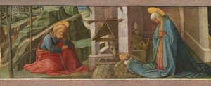 The Nativity by Fra Filippo Lippi, created probably c. 1445, in oil and tempera (?) on panel. Download this artwork as a high-resolution wallpaper for desktop, 