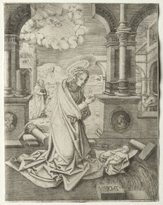 The Nativity by Allaert Claesz, created 1520s, in engraving. Download this artwork as a high-resolution wallpaper for desktop, tablet, or mobile. — Allaert Claesz Wallpaper