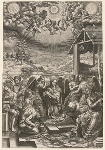 The Nativity by Agnolo Bronzino, created 1553, in engraving. Download this artwork as a high-resolution wallpaper for desktop, tablet, or mobile. — Agnolo Bronzino Wallpaper